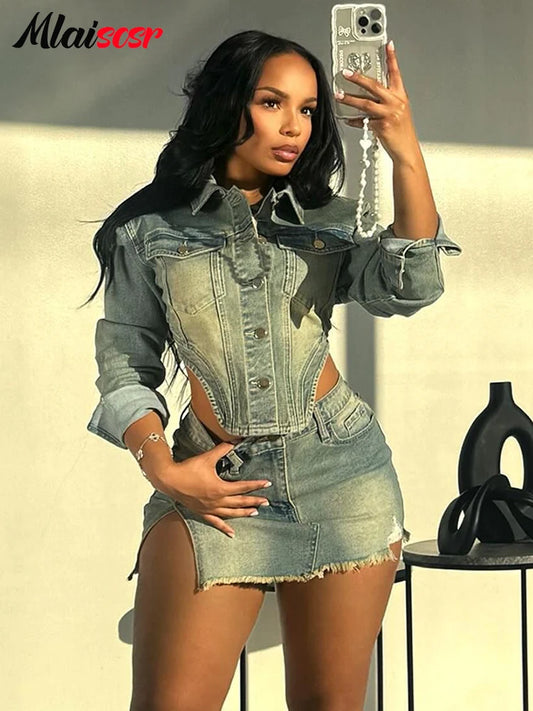 CITSLX Mlaiscsr Vintage Washed Denim Stretch Open Side 2 Two Pieces Women Sets Jean Jacket and Mini Skirts Birthday Club Street Outfits