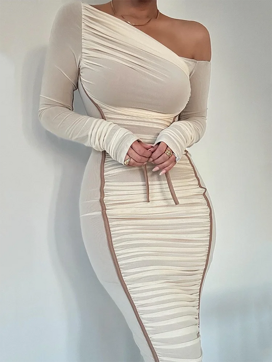 CITSLX Mozision Diagonal Collar Long Sleeve Midi Dress For Women Two Layer Mesh Backless Ruched Bodycon Club Party Sexy Long Dress