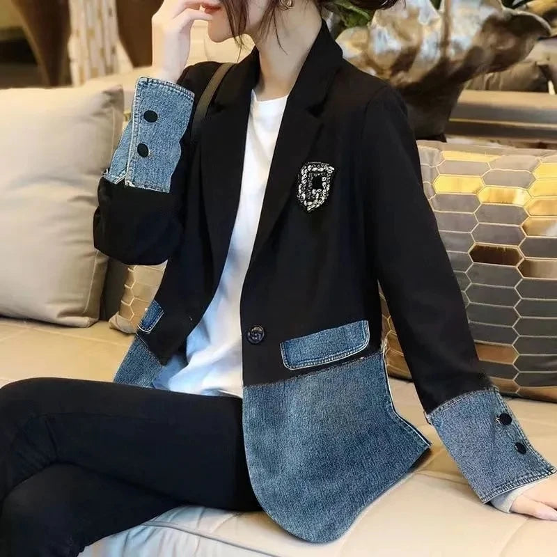 CITSLX New Autumn 2025 Fashion Korean Version Loose Women Denim Jacket Splicing Suit Ladies Denim Outerwear Elegant Female Jeans Coat