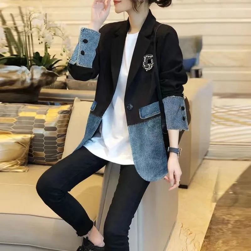 CITSLX New Autumn 2025 Fashion Korean Version Loose Women Denim Jacket Splicing Suit Ladies Denim Outerwear Elegant Female Jeans Coat