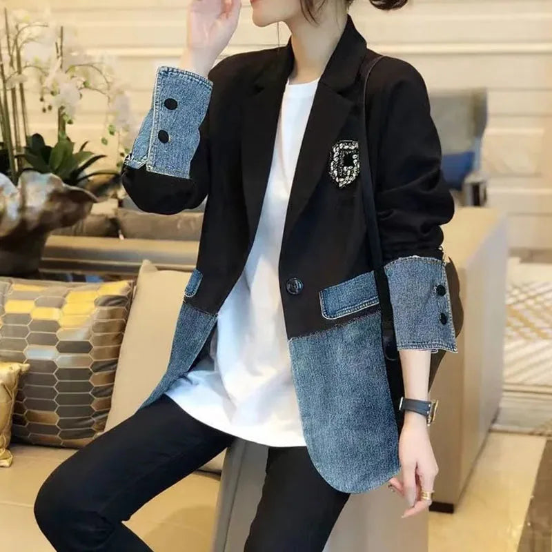 CITSLX New Autumn 2025 Fashion Korean Version Loose Women Denim Jacket Splicing Suit Ladies Denim Outerwear Elegant Female Jeans Coat