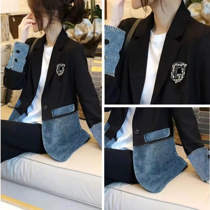 CITSLX New Autumn 2025 Fashion Korean Version Loose Women Denim Jacket Splicing Suit Ladies Denim Outerwear Elegant Female Jeans Coat