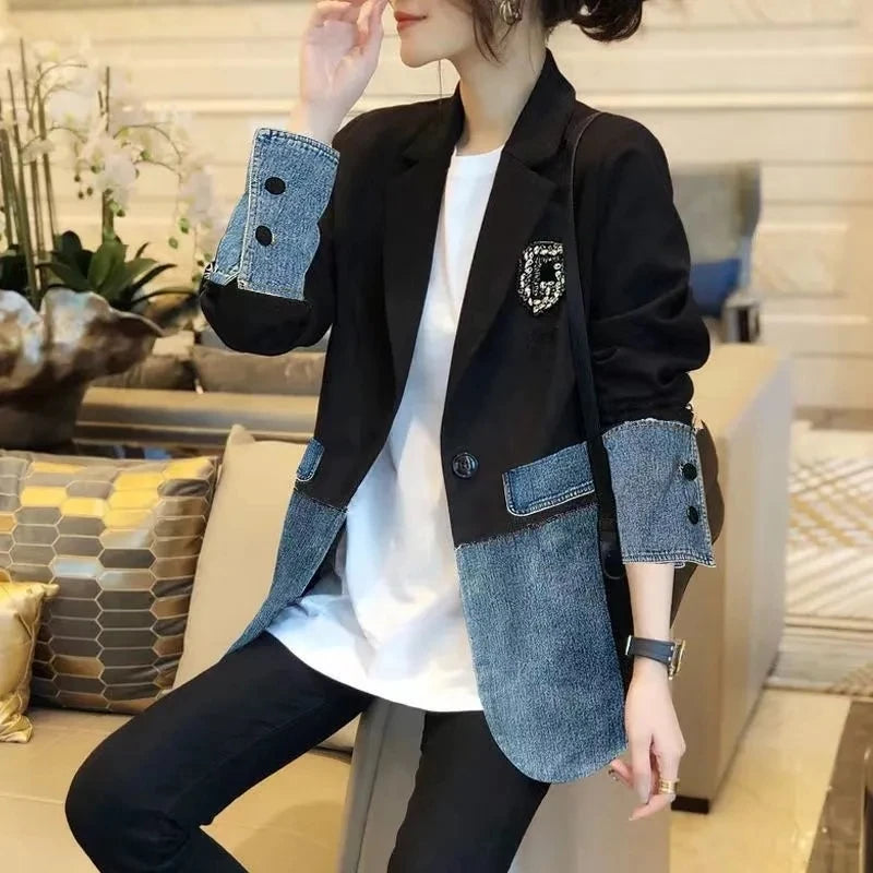 CITSLX New Autumn 2025 Fashion Korean Version Loose Women Denim Jacket Splicing Suit Ladies Denim Outerwear Elegant Female Jeans Coat