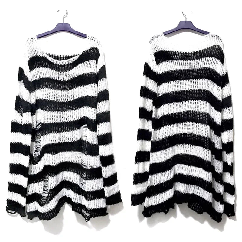 CITSLX New Autumn Punk Gothic Long Unisex Sweater Women Striped Cool Hollow Out Hole Broken Jumper Loose Rock Thin Dark Streetwear Top