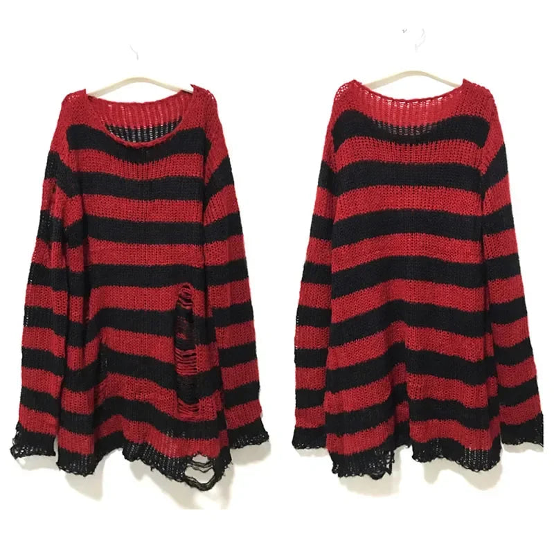 CITSLX New Autumn Punk Gothic Long Unisex Sweater Women Striped Cool Hollow Out Hole Broken Jumper Loose Rock Thin Dark Streetwear Top