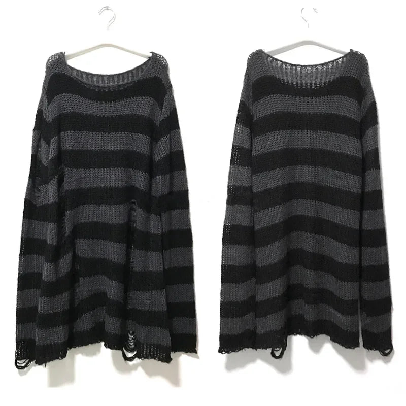 CITSLX New Autumn Punk Gothic Long Unisex Sweater Women Striped Cool Hollow Out Hole Broken Jumper Loose Rock Thin Dark Streetwear Top