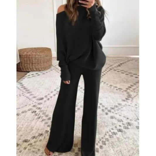 CITSLX New Autumn Winter Pant Sets Suits Women Outfits Knitted Pullover Off Shoulder Top Wide Leg Pants 2-Piece Set Woman Tracksuits