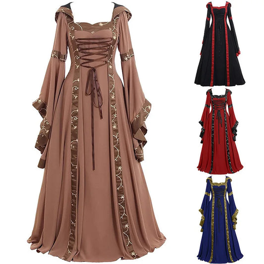 CITSLX New European and American costumes medieval retro dress long skirt square neck tie waist and trumpet sleeves festival clothing