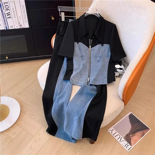 CITSLX New Fashion Female Trousers Set Spring Autumn Fake Two Pieces Denim Coat Wide Leg Pants Two-Piece Women's Casual Sports Sets 4XL