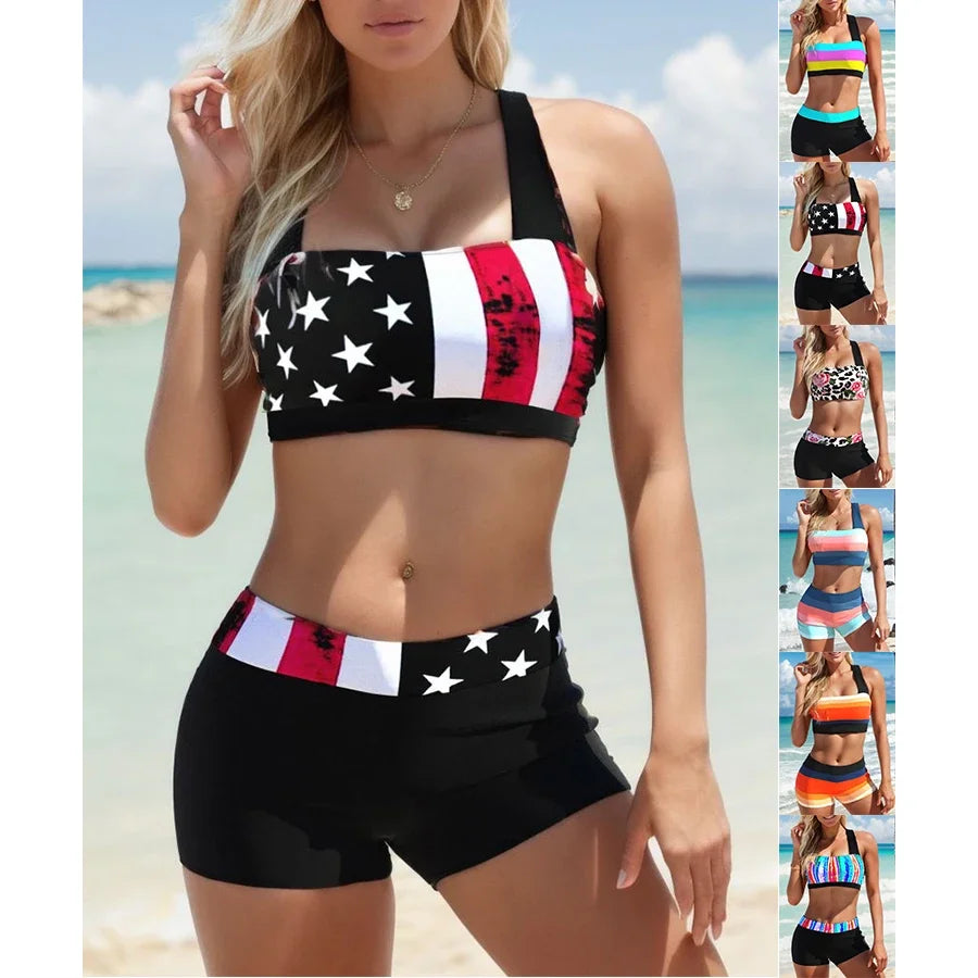 CITSLX New High Quality Summer Ladies Double Straps Swimsuit Ladies Fashion American Flag Print Vacation Beach Two-piece Swimsuit S-5XL