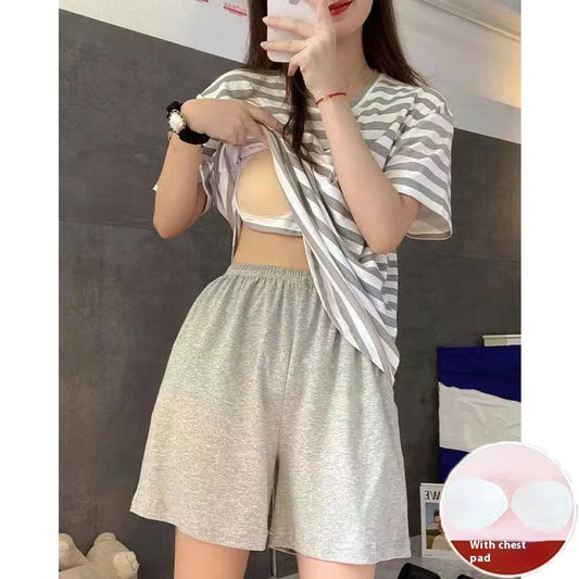 CITSLX New Pajamas Loungewear Set Women's Summer Short Sleeve Striped With Chest Pad Students Can Wear Loungewear Set Women's Homewear