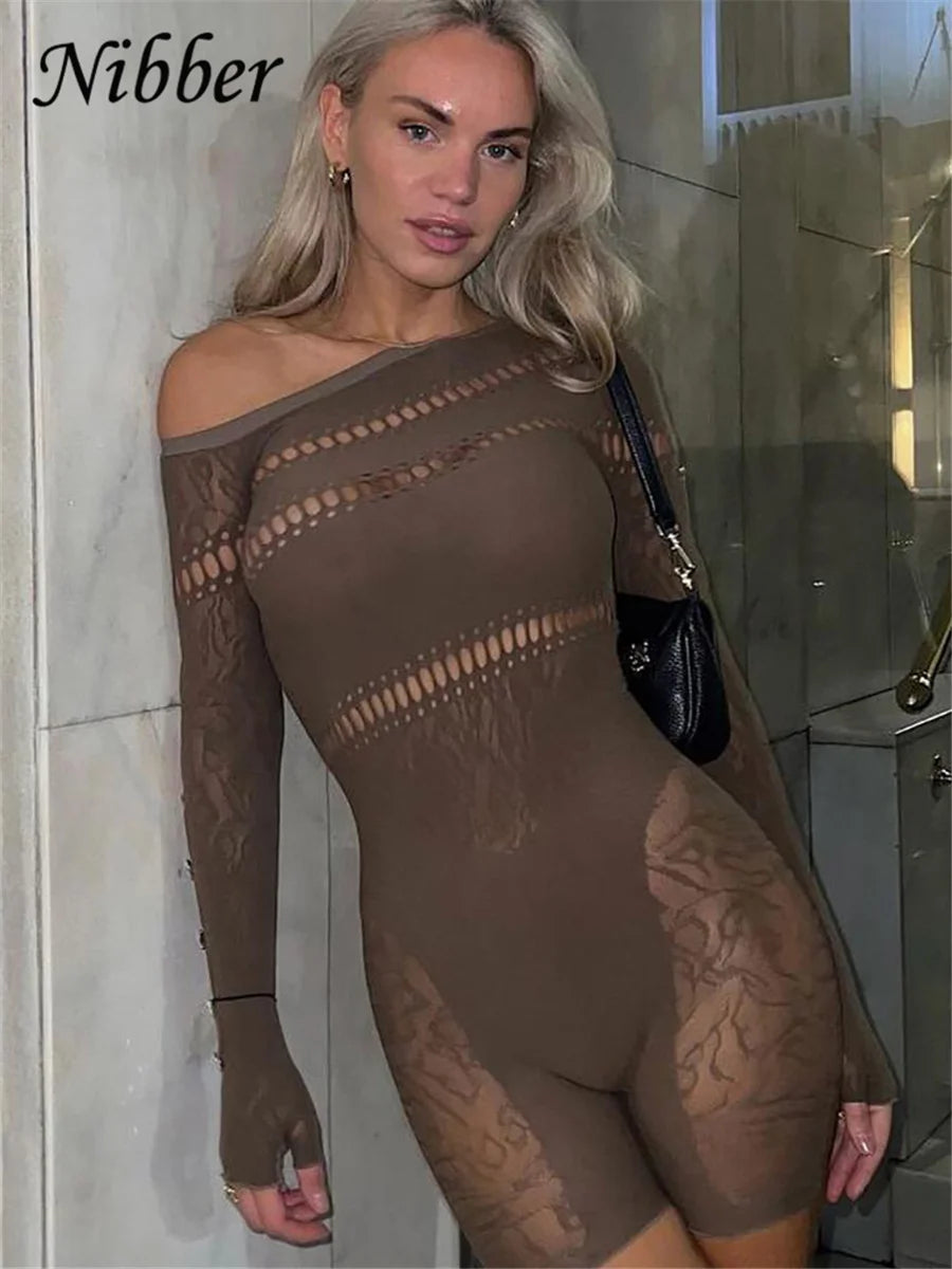 CITSLX Nibber Lace Hollowing Mesh See Through Midnight Playsuits Women Sexy Inclined Shoulder Long Sleeve Patchwork Skinny Rompers Club