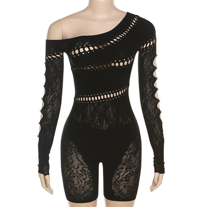 CITSLX Nibber Lace Hollowing Mesh See Through Midnight Playsuits Women Sexy Inclined Shoulder Long Sleeve Patchwork Skinny Rompers Club