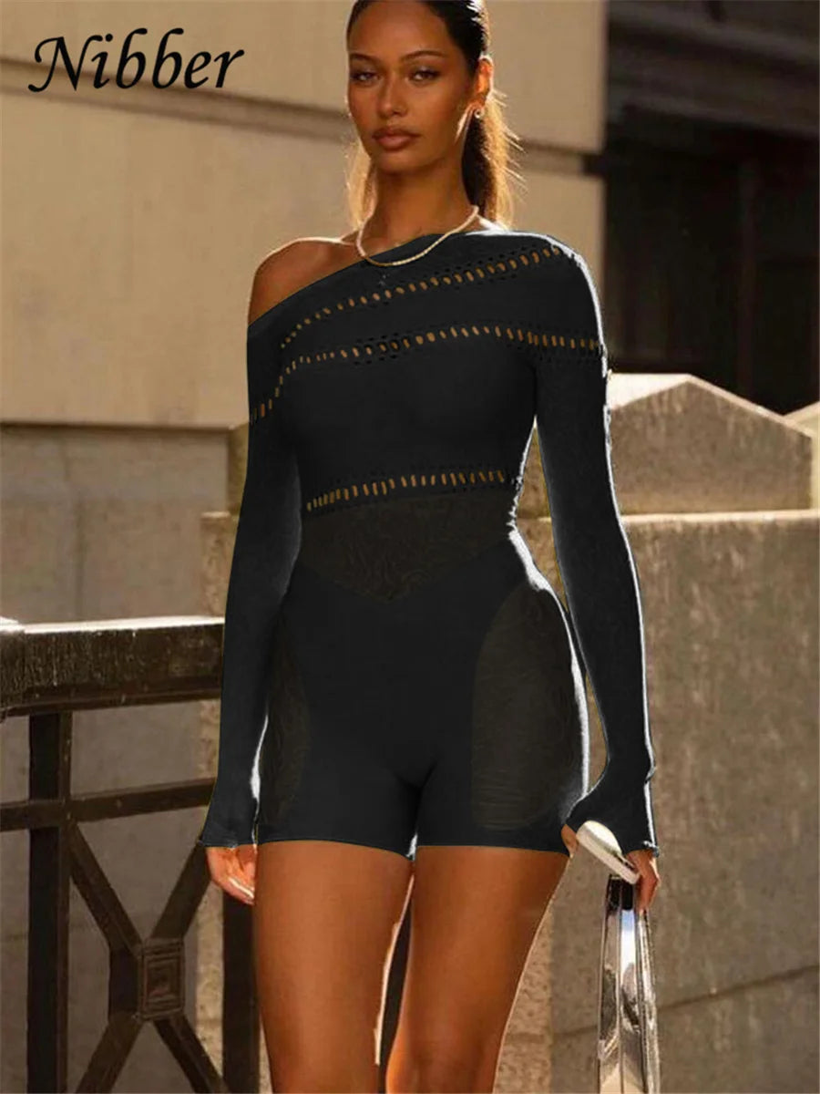 CITSLX Nibber Lace Hollowing Mesh See Through Midnight Playsuits Women Sexy Inclined Shoulder Long Sleeve Patchwork Skinny Rompers Club