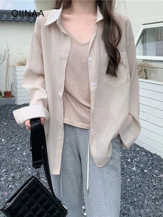 CITSLX Blouse Women Shirt Korean Fashion Thin Tops Coat Turn-Down Collar Single-Breasted Shirts Summer New Casual Blouse