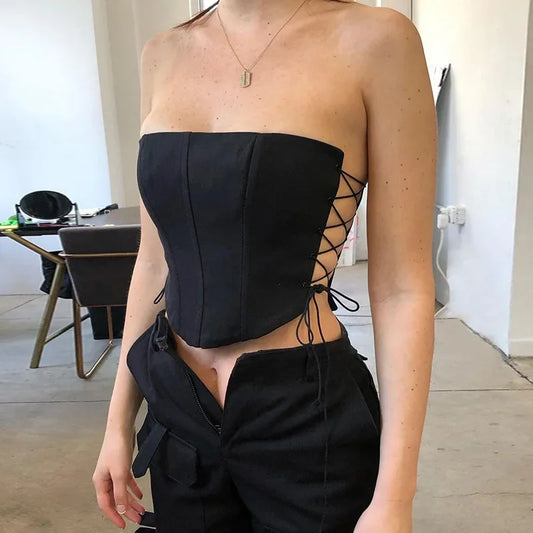 CITSLX Off Shoulder Strapless Lace Up Sexy Bustier Corset Crop Tops for Women Black Sleeveless Vest Top Cropped Feminino