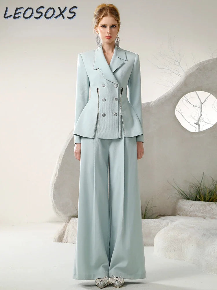 CITSLX Office Lady Commuter Suit Autumn and Winter Drill Chain Irregular Blazer Jacket Wide Leg Trousers Set Women's Pants 2 Piece Set