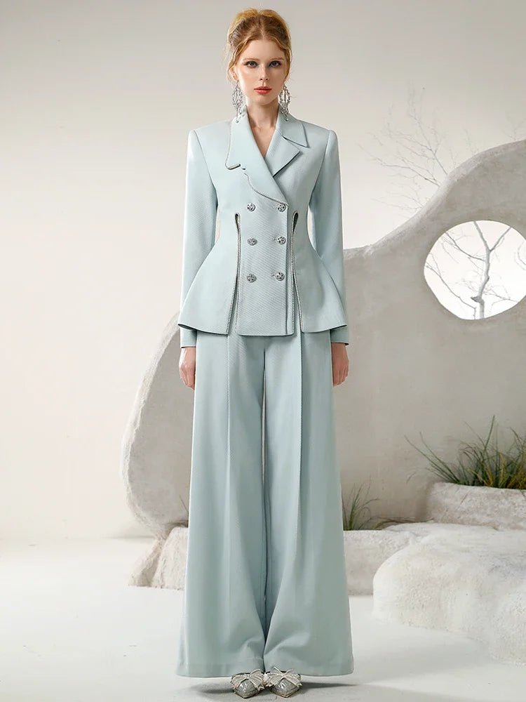 CITSLX Office Lady Commuter Suit Autumn and Winter Drill Chain Irregular Blazer Jacket Wide Leg Trousers Set Women's Pants 2 Piece Set