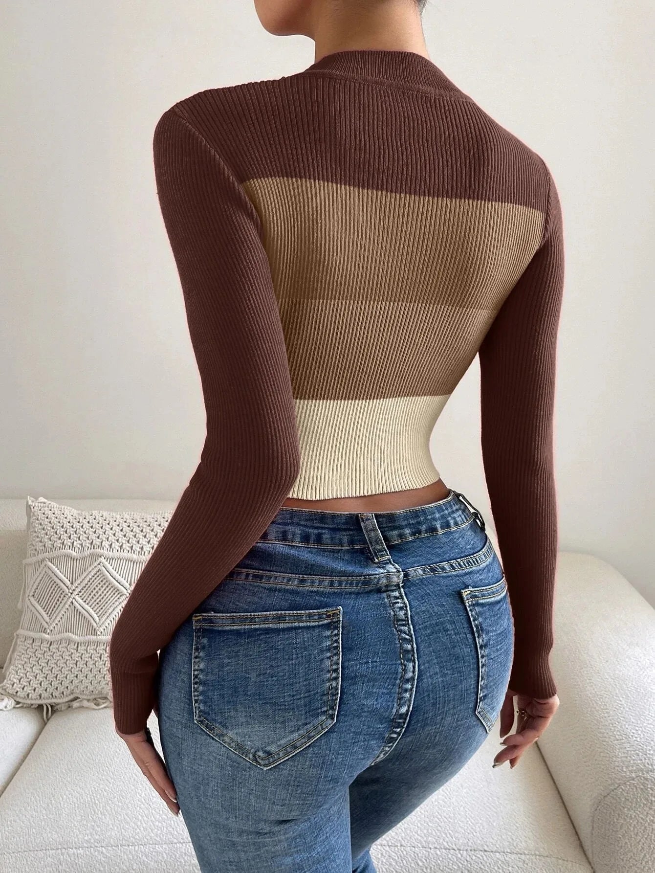 CITSLX On Sale 2024 Spring Women Crop Colorblock Turtleneck Ribbed Long Sleeve Pull Sweater Femme Knitwear Jumper Outfits Pullovers