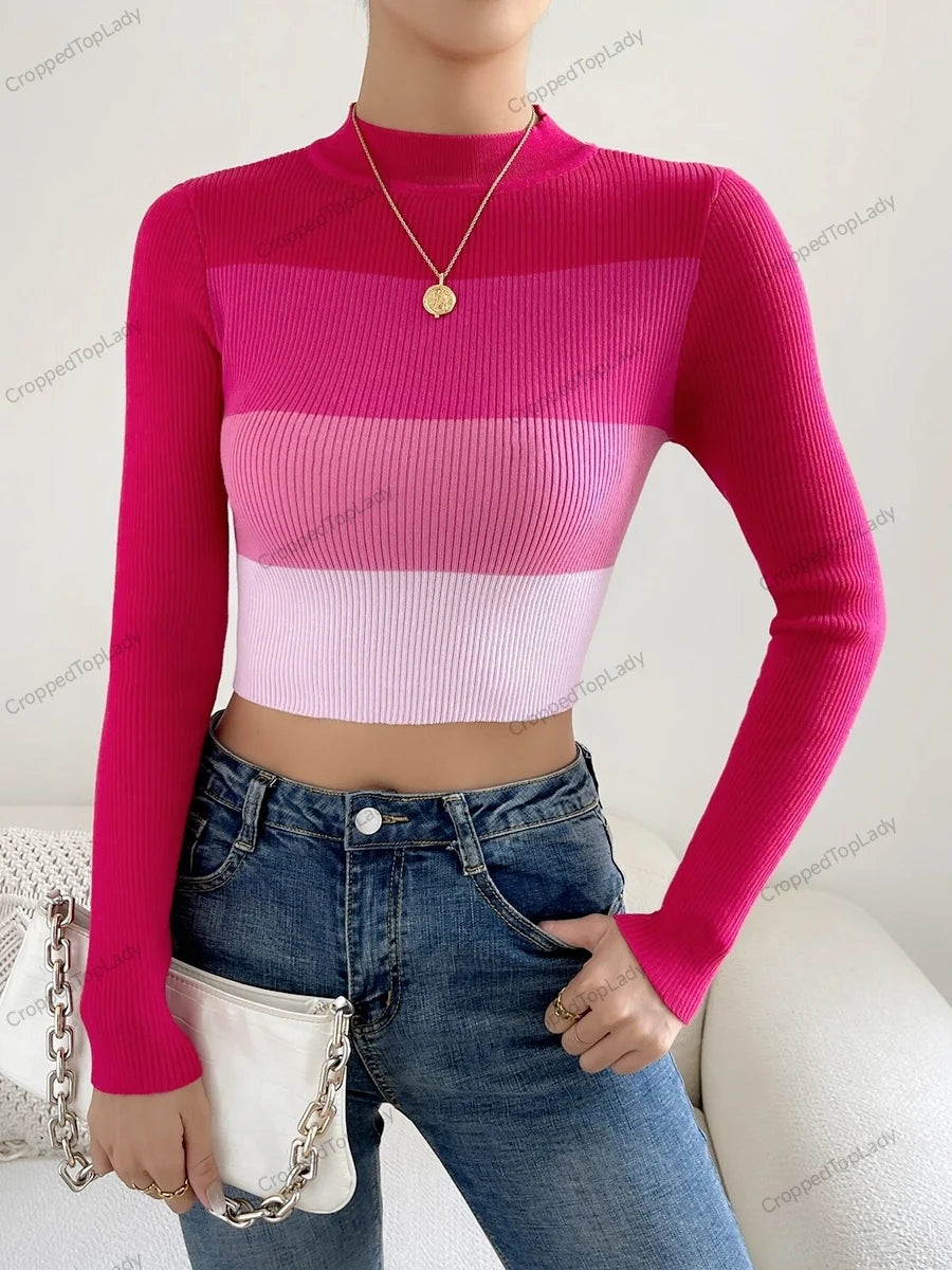 CITSLX On Sale 2024 Spring Women Crop Colorblock Turtleneck Ribbed Long Sleeve Pull Sweater Femme Knitwear Jumper Outfits Pullovers