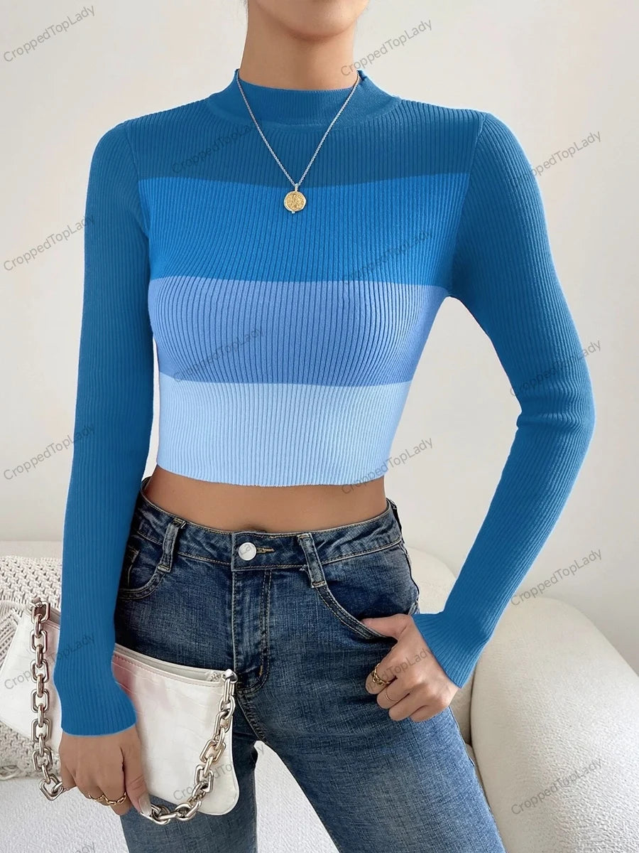 CITSLX On Sale 2024 Spring Women Crop Colorblock Turtleneck Ribbed Long Sleeve Pull Sweater Femme Knitwear Jumper Outfits Pullovers