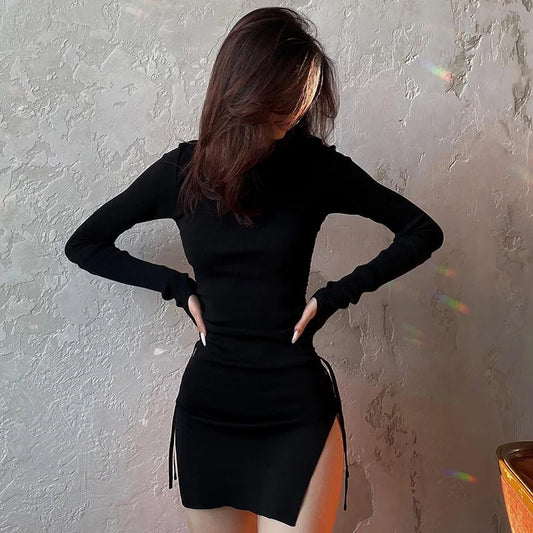 CITSLX Oshfall Autumn new long sleeved pleated side opening buttocks sexy French dress for European and American women