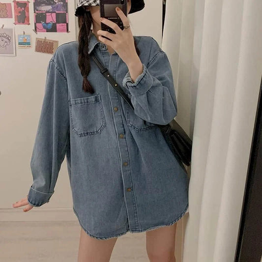 CITSLX Oversize Denim Shirts and Blouses Women Loose Fit Denim Shirt Long Sleeve Blouses Regular Women Tops Clothes for Women Shirts