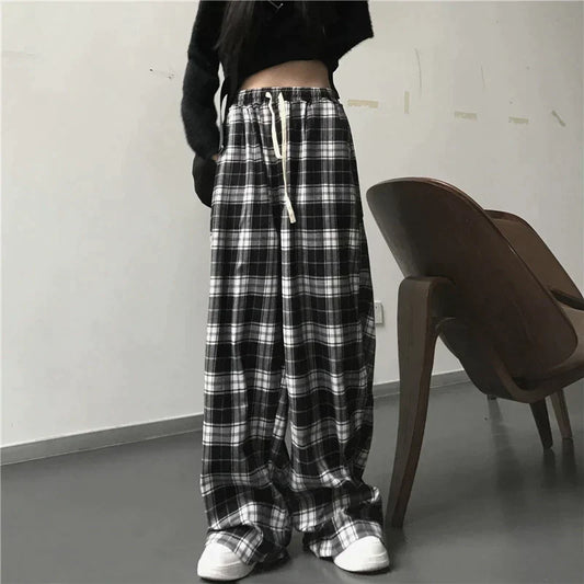 CITSLX Oversize Women Sweatpants Fashion Black Plaid Casual Pants Baggy Elastic Waist Pockets Student Unisex Hip Hop Loose Trousers