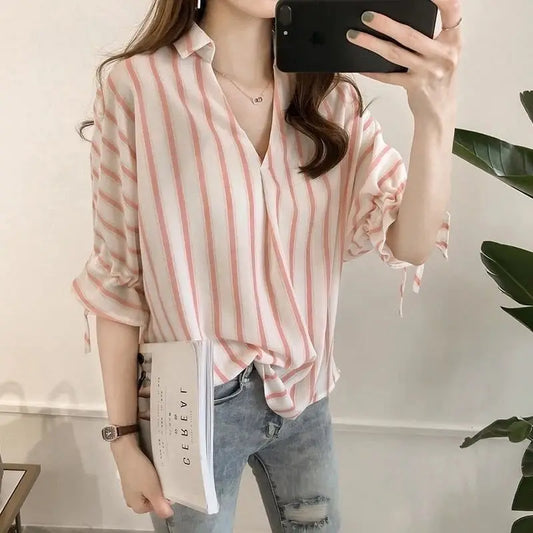 CITSLX Oversized Stylish Striped 3/4 Sleeves Lace Up Shirt for Women's Summer New Loose Temperament Versatile Commuting Top for Women