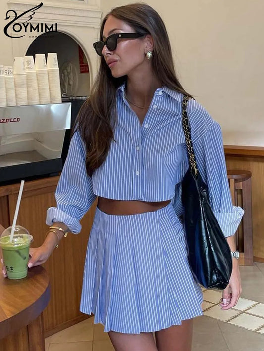 CITSLX Oymimi Elegant Blue Striped Print Sets For Women 2 Pieces Fashion Long Sleeve Button Crop Tops And High Waist Pleated Skirts Set