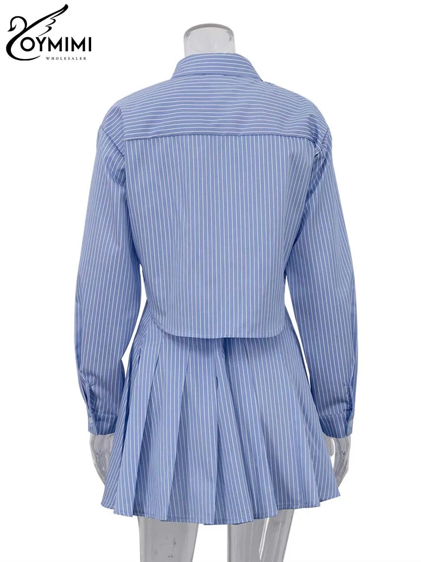 CITSLX Oymimi Elegant Blue Striped Print Sets For Women 2 Pieces Fashion Long Sleeve Button Crop Tops And High Waist Pleated Skirts Set