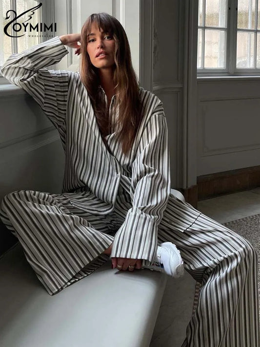 CITSLX Oymimi Fashion Grey Striped Print Women Two Piece Set Casual Lapel Button Long Sleeve Shirts And Straight Full Length Pants Sets