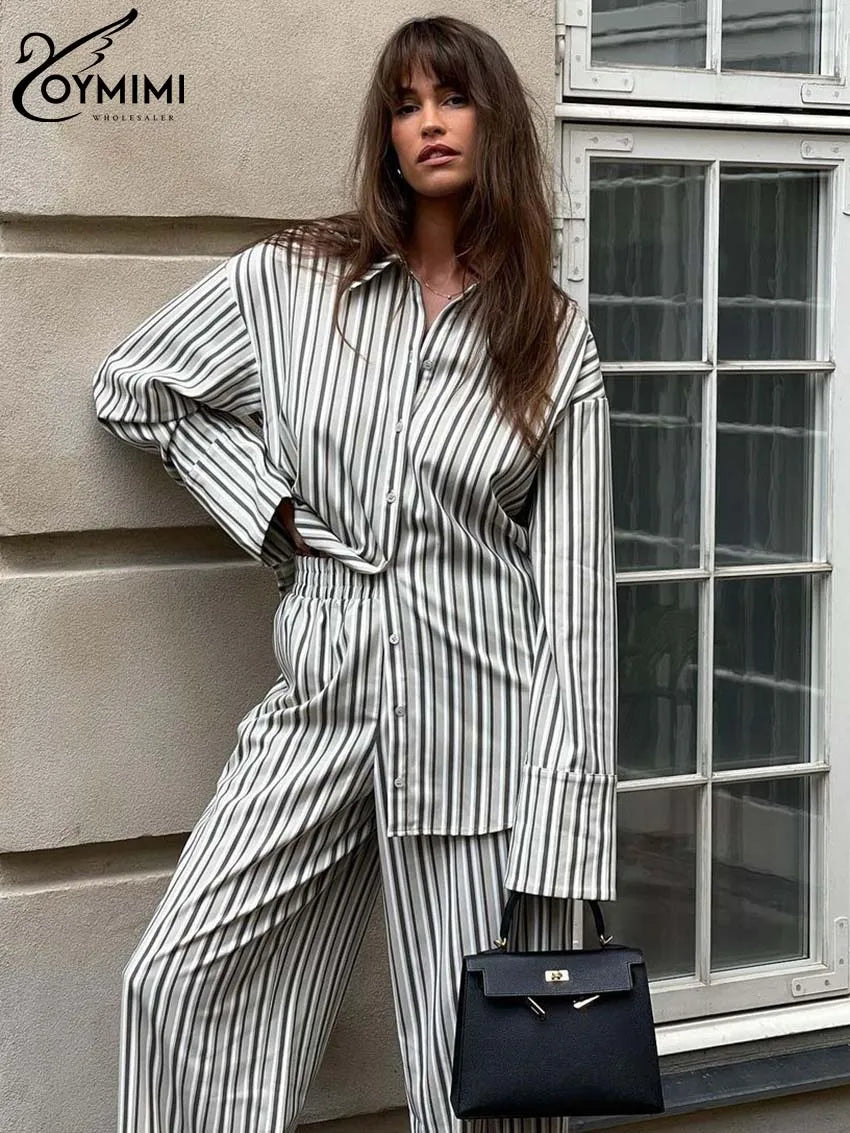 CITSLX Oymimi Fashion Grey Striped Print Women Two Piece Set Casual Lapel Button Long Sleeve Shirts And Straight Full Length Pants Sets