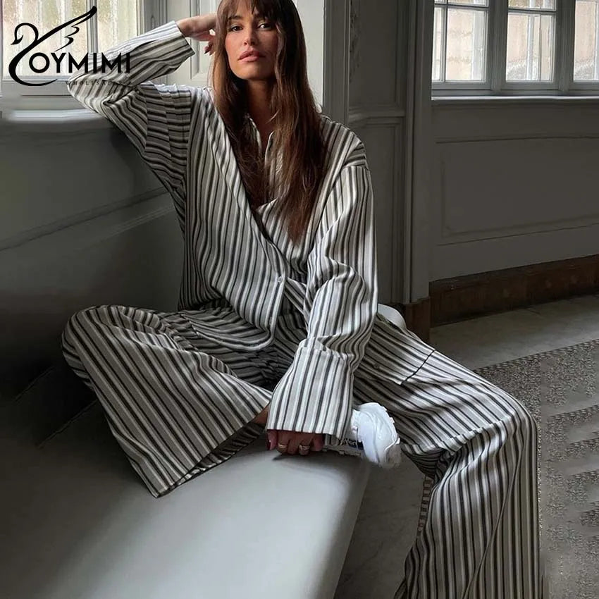 CITSLX Oymimi Fashion Grey Striped Print Women Two Piece Set Casual Lapel Button Long Sleeve Shirts And Straight Full Length Pants Sets