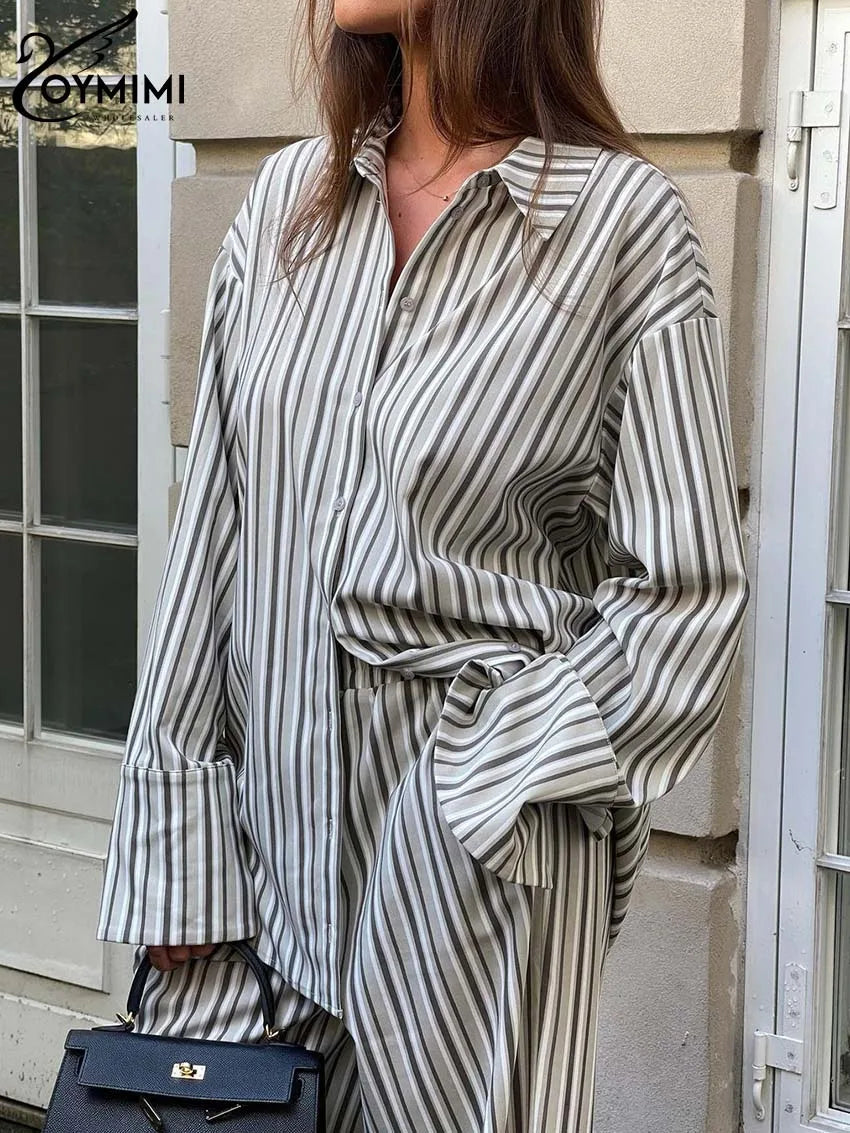 CITSLX Oymimi Fashion Grey Striped Print Women Two Piece Set Casual Lapel Button Long Sleeve Shirts And Straight Full Length Pants Sets