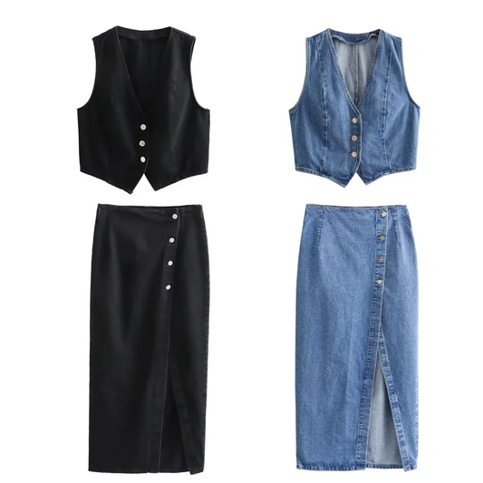 CITSLX PB&ZA 2024 Spring New Women's Fashion temperament casual versatile short denim vest+double breasted midi skirt set