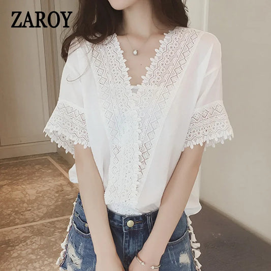 CITSLX PLAZSON blusa mujer moda 2024 Summer Women Blouse Lace Patchwork White Shirt short Sleeve Elegant Lady Tops