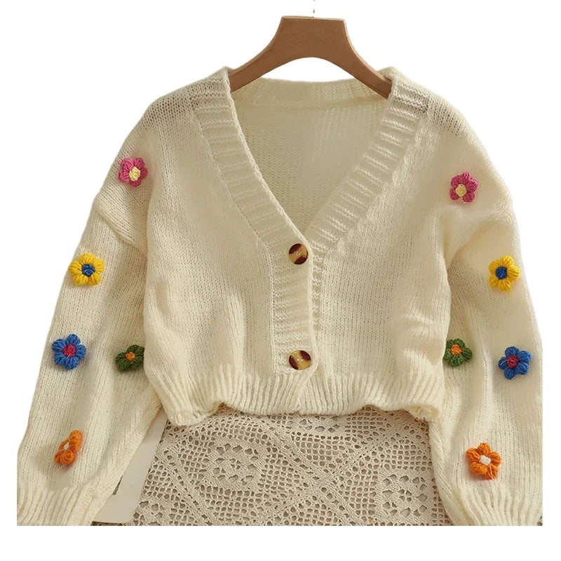 CITSLX PTKPCC New Autumn Colourful Applique Flower Cardigan for Women Cute Long  V-neck Knit Crop Sweater Girl Soft Knitwear