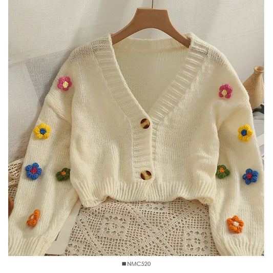 CITSLX PTKPCC New Autumn Colourful Applique Flower Cardigan for Women Cute Long  V-neck Knit Crop Sweater Girl Soft Knitwear