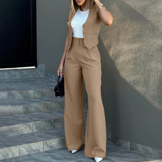 CITSLX Pant Sets Women Sleeveless V-neck Vest High Waist Wide Leg Pant Suit Office Lady Casual Chic Vintage Elegant 2 Piece Sets Outfit