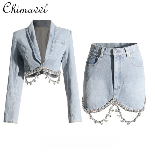 CITSLX Personalized Fashion Short Waist Slim Denim Top High Waist Slim Sheath Short Skirt Heavy Diamond Hot Girl Denim Outfits Spring