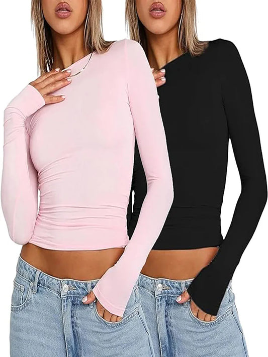 CITSLX Pink Long Sleeve T-shirt Women 2024 Summer Cute White Crop Top Ladies Causal Sexy Slim O Neck Basic Tees Tshirt Y2k Top Clothes