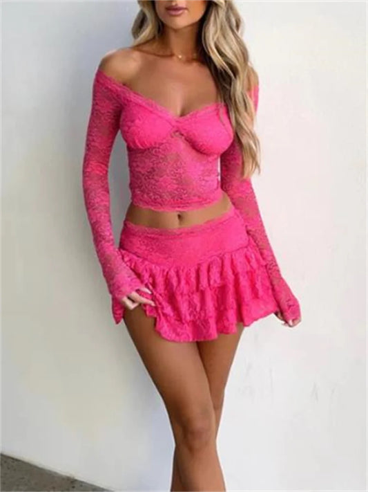 CITSLX Pink See Through Lace Shirt Woman Sexy Low Cut Shoulderless Top Club Long Sleeve Blouses Women 2024 Fall Outfits