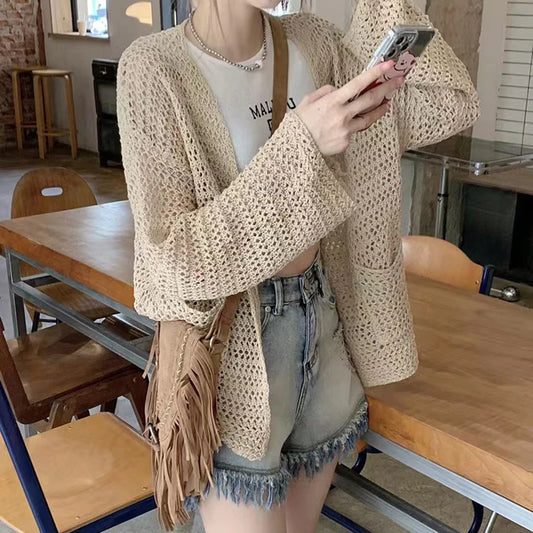 CITSLX Pointelle Knit Long Sleeve Open Front Cardigan Sweater for Women Cover-Up Spring Summer Teengirl Casual Outfit