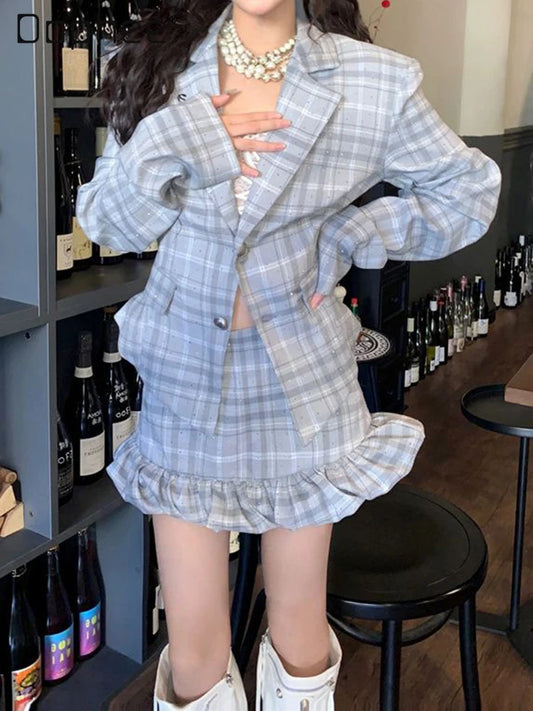 CITSLX Preppy Style Hot Girl Elegant Outfit Spring and Autumn Women's Plaid Suit Coat Jacket High Waist Bud Short Skirts Two-Piece Set