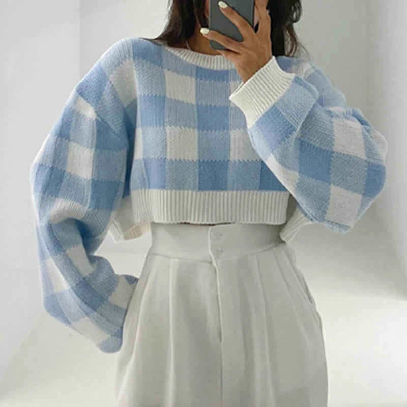 CITSLX Pullovers Women Checkerboard Crop Knit Sweater Long Sleeve Crew Neck Box-fit Plaid Jumper Outfit