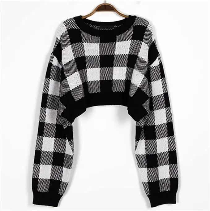 CITSLX Pullovers Women Checkerboard Crop Knit Sweater Long Sleeve Crew Neck Box-fit Plaid Jumper Outfit