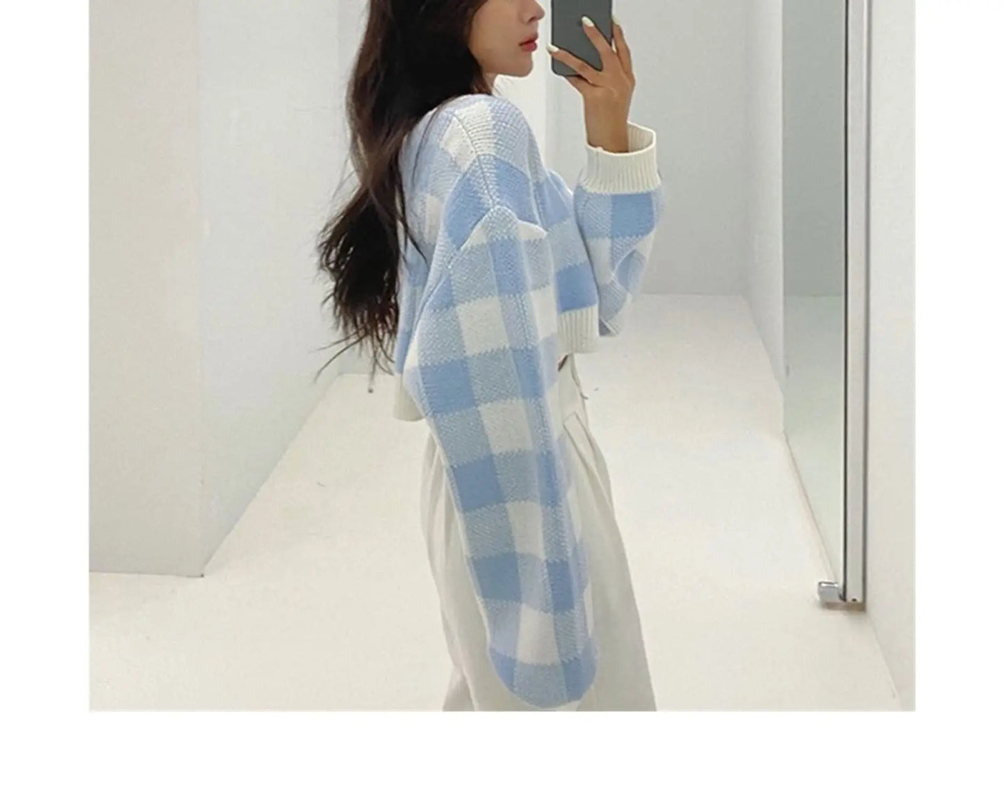 CITSLX Pullovers Women Checkerboard Crop Knit Sweater Long Sleeve Crew Neck Box-fit Plaid Jumper Outfit