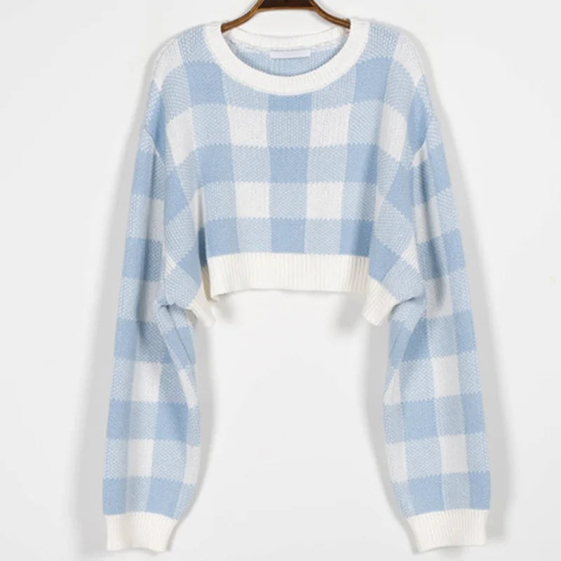 CITSLX Pullovers Women Checkerboard Crop Knit Sweater Long Sleeve Crew Neck Box-fit Plaid Jumper Outfit