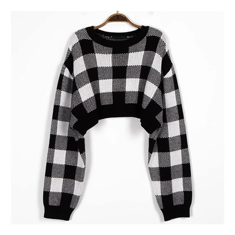 CITSLX Pullovers Women Checkerboard Crop Knit Sweater Long Sleeve Crew Neck Box-fit Plaid Jumper Outfit